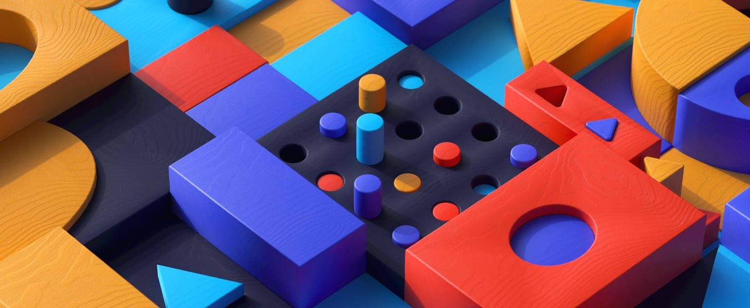 A colorful arrangement of three-dimensional cubes, cylinders, and other geometric forms.